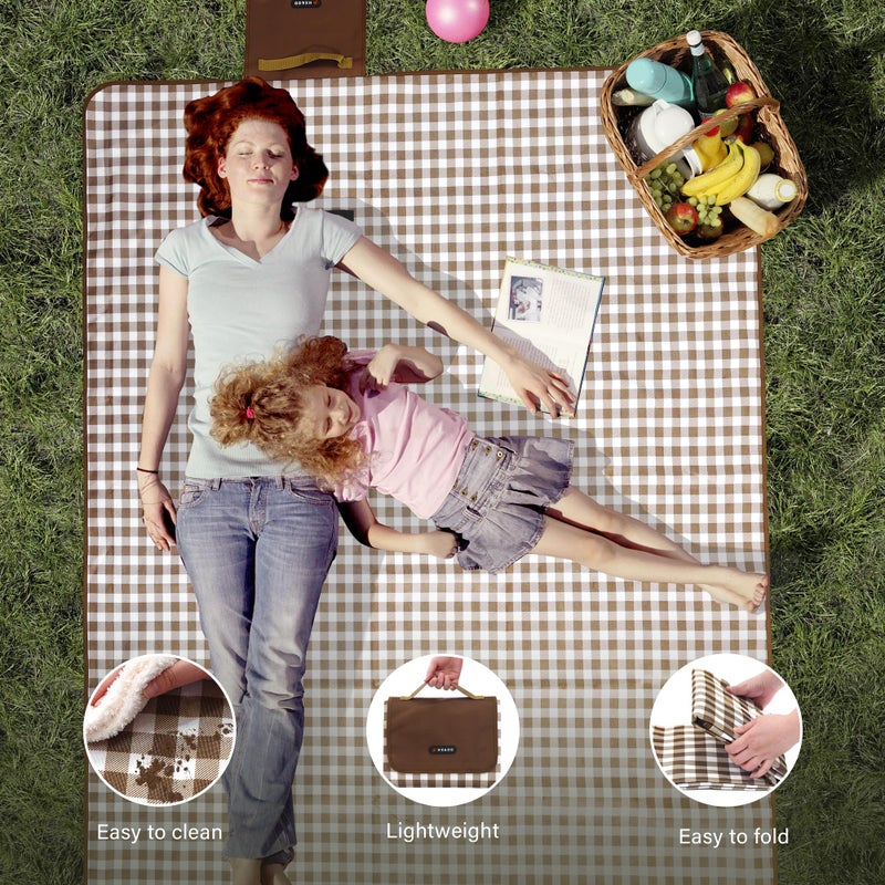 HX&OD Picnic Blanket Outdoor Extra Large Picnic Mat 80""X60"" Camping Blanket Beach Blanket Foldable Waterproof Sand Mat Hiking Travel Family Concerts(Brown) - Image 5